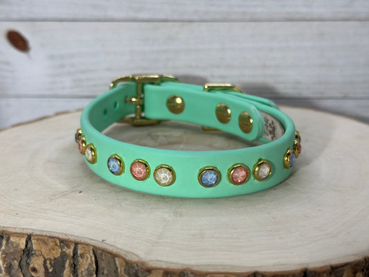 READY TO SHIP!!! 10.5" - 12.5" & .75" Wide Luxury Pastel Mint Green Sparkle Dog Cat Biothane Vegan Leather CoVA Collar