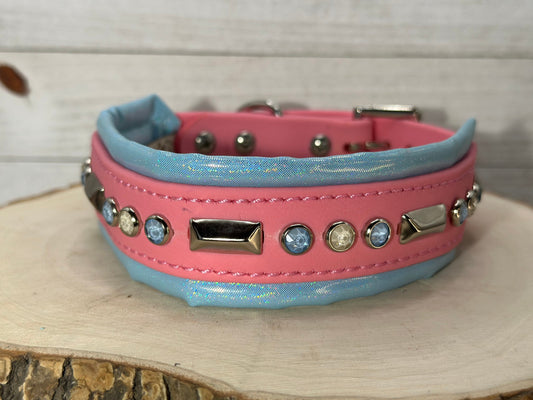 READY TO SHIP!!! 14.5" - 16.5" & 1.5" W Discontinued Pastel Bubblegum Pink Blue Biothane Glowing Crystal Luxury Dog Cat CoVA Collar