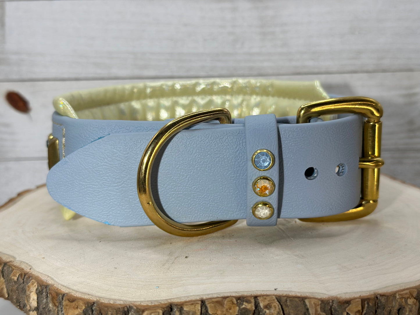 READY TO SHIP! 16" - 18" & 2" W Pastel Blue Yellow Gold Crystals Luxury Biothane Vegan Leather Dog Cat CoVA Collar