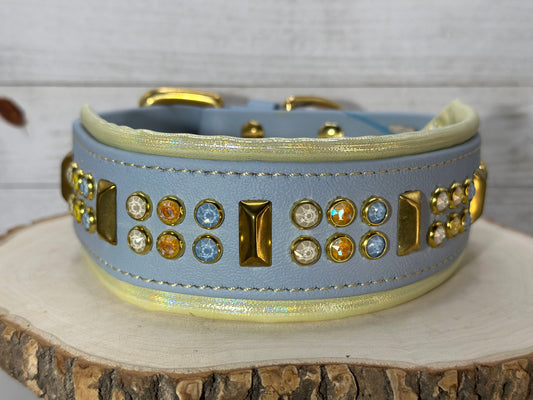 READY TO SHIP! 16" - 18" & 2" W Pastel Blue Yellow Gold Crystals Luxury Biothane Vegan Leather Dog Cat CoVA Collar