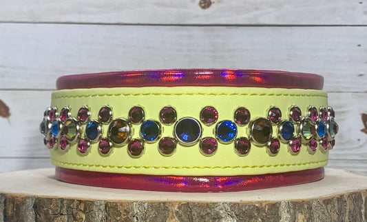 New Color Release - Pastel Yellow READY TO SHIP! 15" - 17" & 1.5" W Volcano Fuchsia Vegan Leather Biothane Crystal Luxury Dog Cat Collar