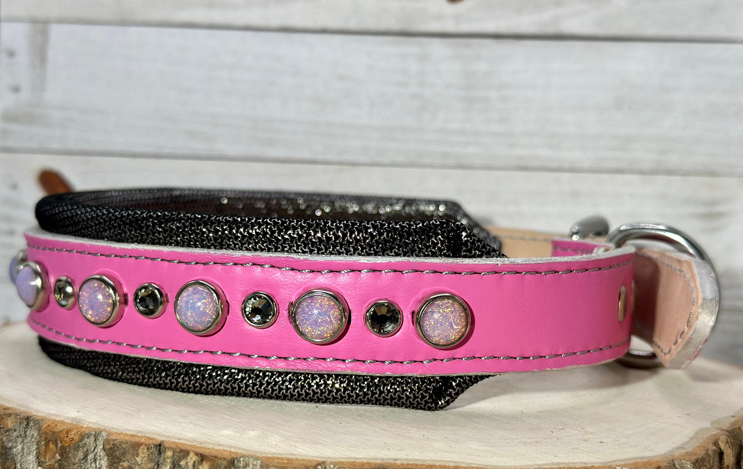 READY to SHIP!!! PREMIUM Italian 17.5"-19.5" & 1.5" Wide Ultra Luxury Italian Dog Cat Leather Pink Grey Opals Crystal CoVA Collar