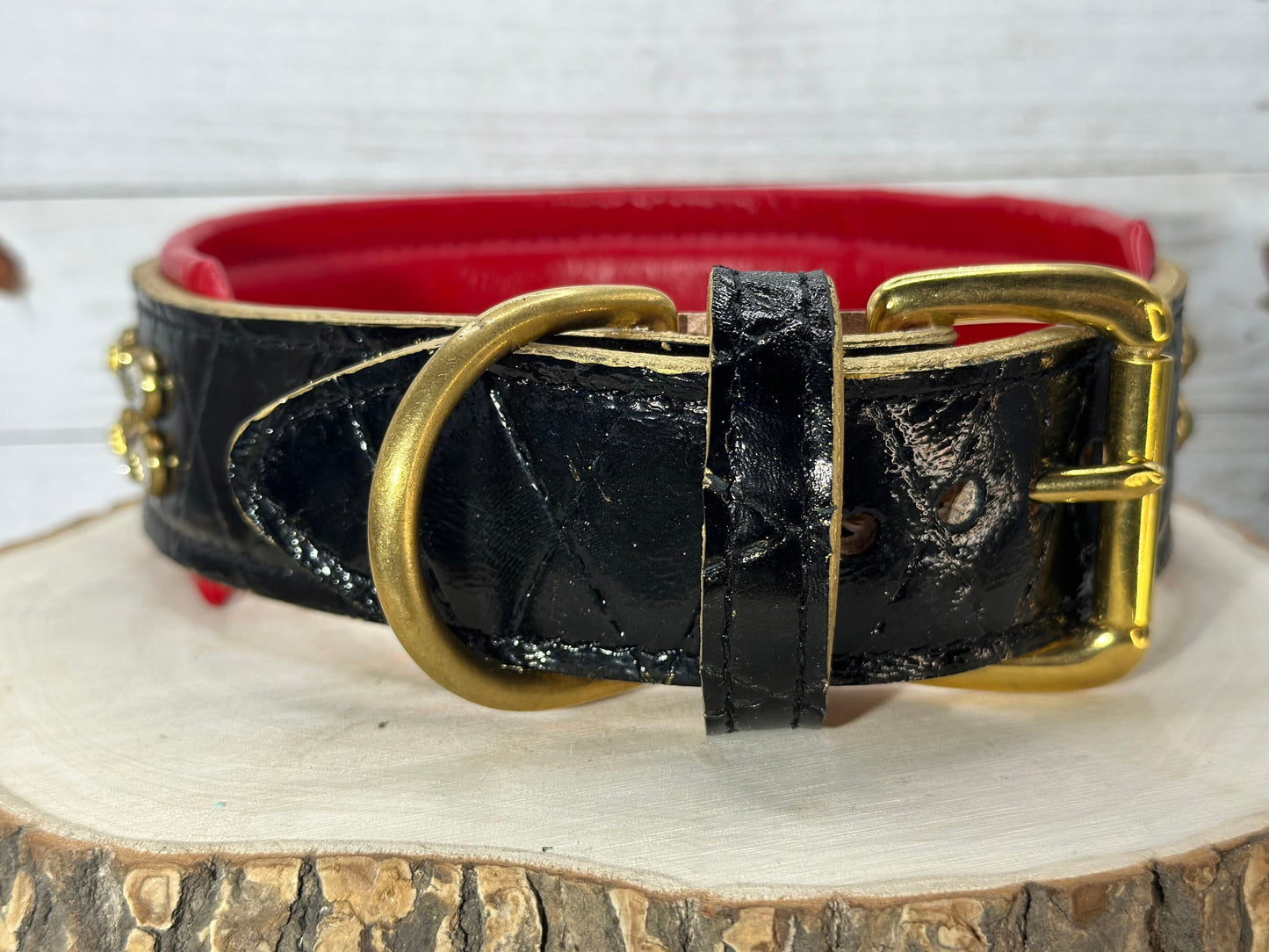 READY to SHIP!!! PREMIUM Italian 19"-21" & 2" Wide Luxury Patent Dog Cat Leather Red Black Gold Black Crystal CoVA Collar