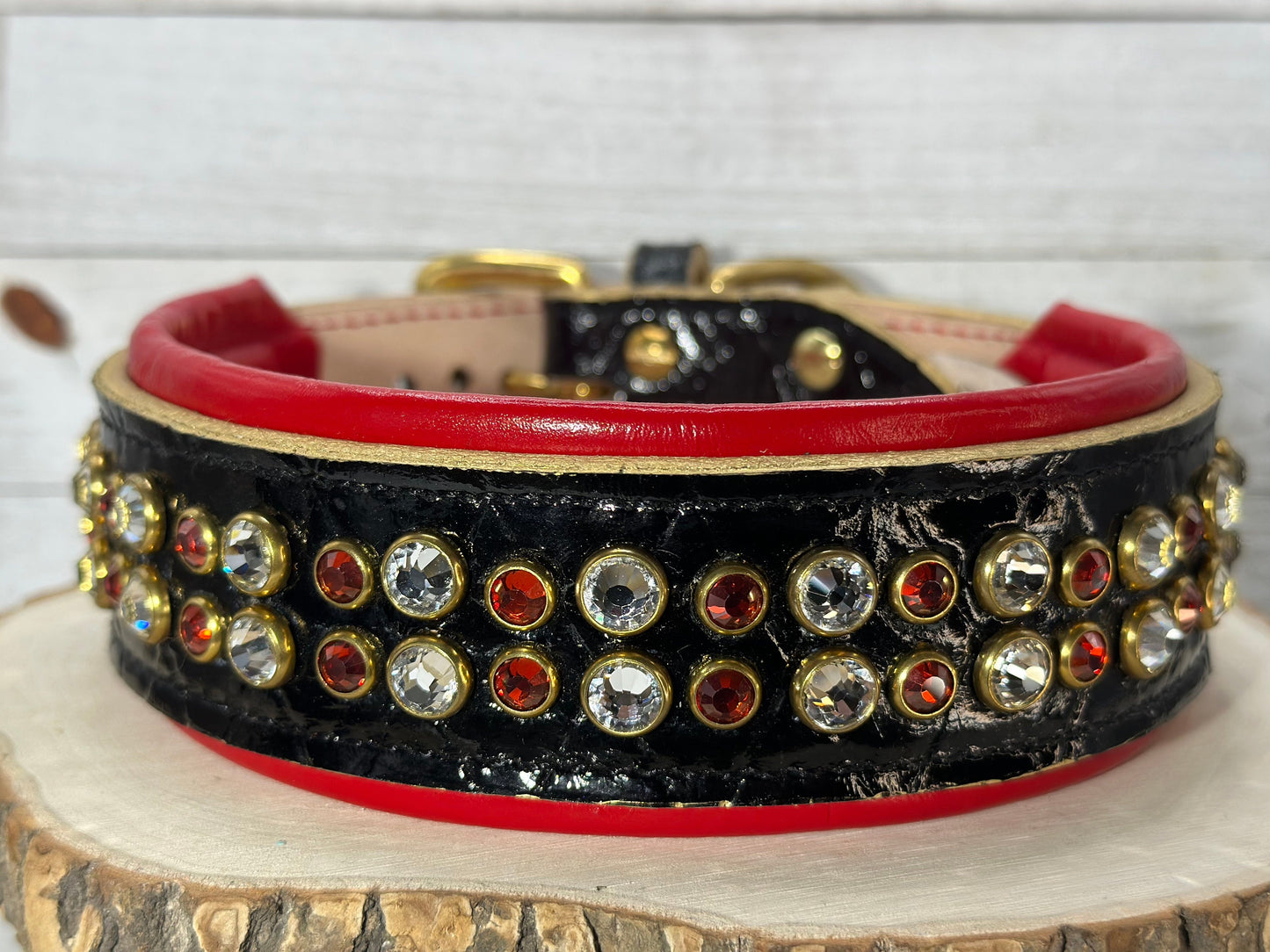 READY to SHIP!!! PREMIUM Italian 19"-21" & 2" Wide Luxury Patent Dog Cat Leather Red Black Gold Black Crystal CoVA Collar