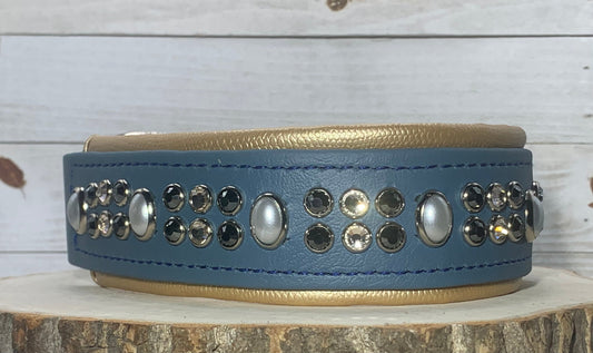 New Color Release - Petrol Blue READY TO SHIP! 17.5" - 19.5" & 2"W Gold Pearl Vegan Leather Biothane Crystal Luxury Dog Cat Collar