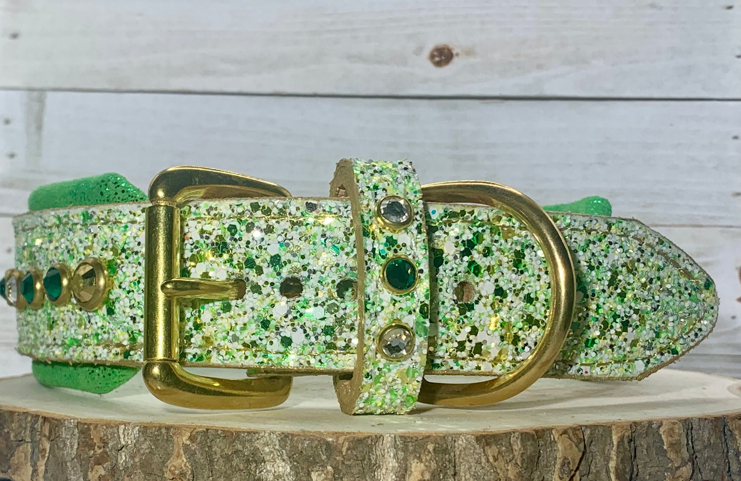 READY TO SHIP! 20.5" - 22.5" Chunky Glitter Green Gold White Bling Crystals Luxury Leather Dog CoVA Collar