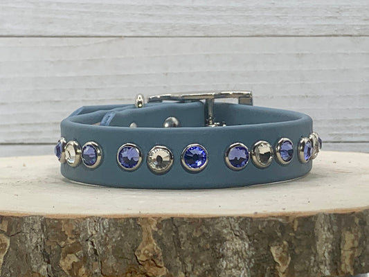 READY TO SHIP! 9.5" - 11.5" & .75" Wide New Petrol Blue Violet Crystals Luxury Vegan Leather Dog Collar