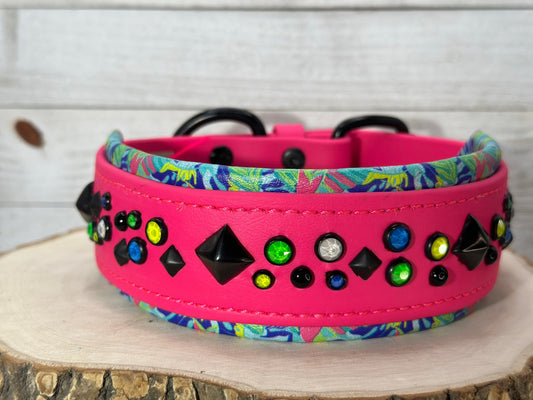 QUICK SHIP!!! 16"-18" & 2" Wide Luxury Dog Cat Vegan Leather Biothane Neon Electric Glow Pink Tropical CoVA Bling Crystal Collar