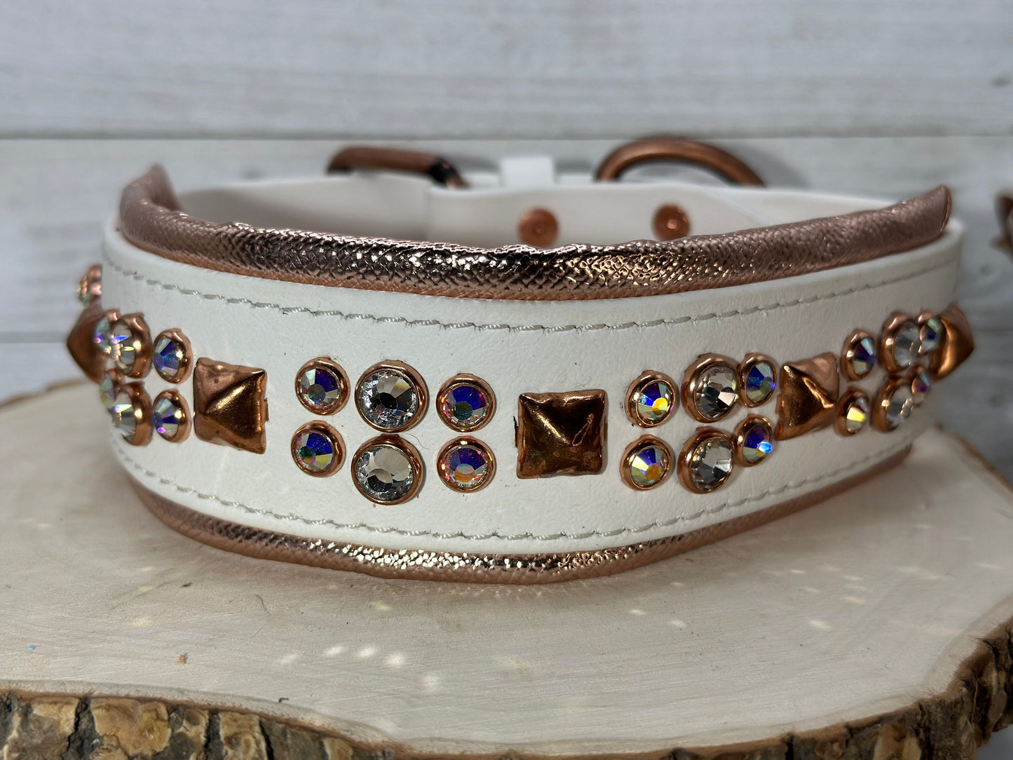 READY TO SHIP!!! 17" - 19" & 2" wide White Rose Gold Vegan Leather Biothane Bling Crystal Luxury Dog Cat Collar