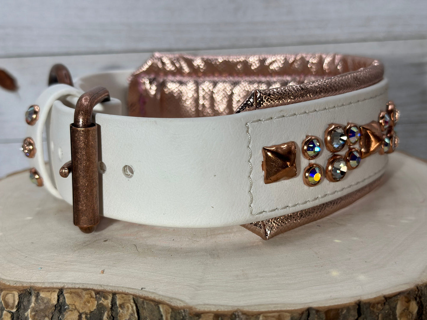 READY TO SHIP!!! 17" - 19" & 2" wide White Rose Gold Vegan Leather Biothane Bling Crystal Luxury Dog Cat Collar