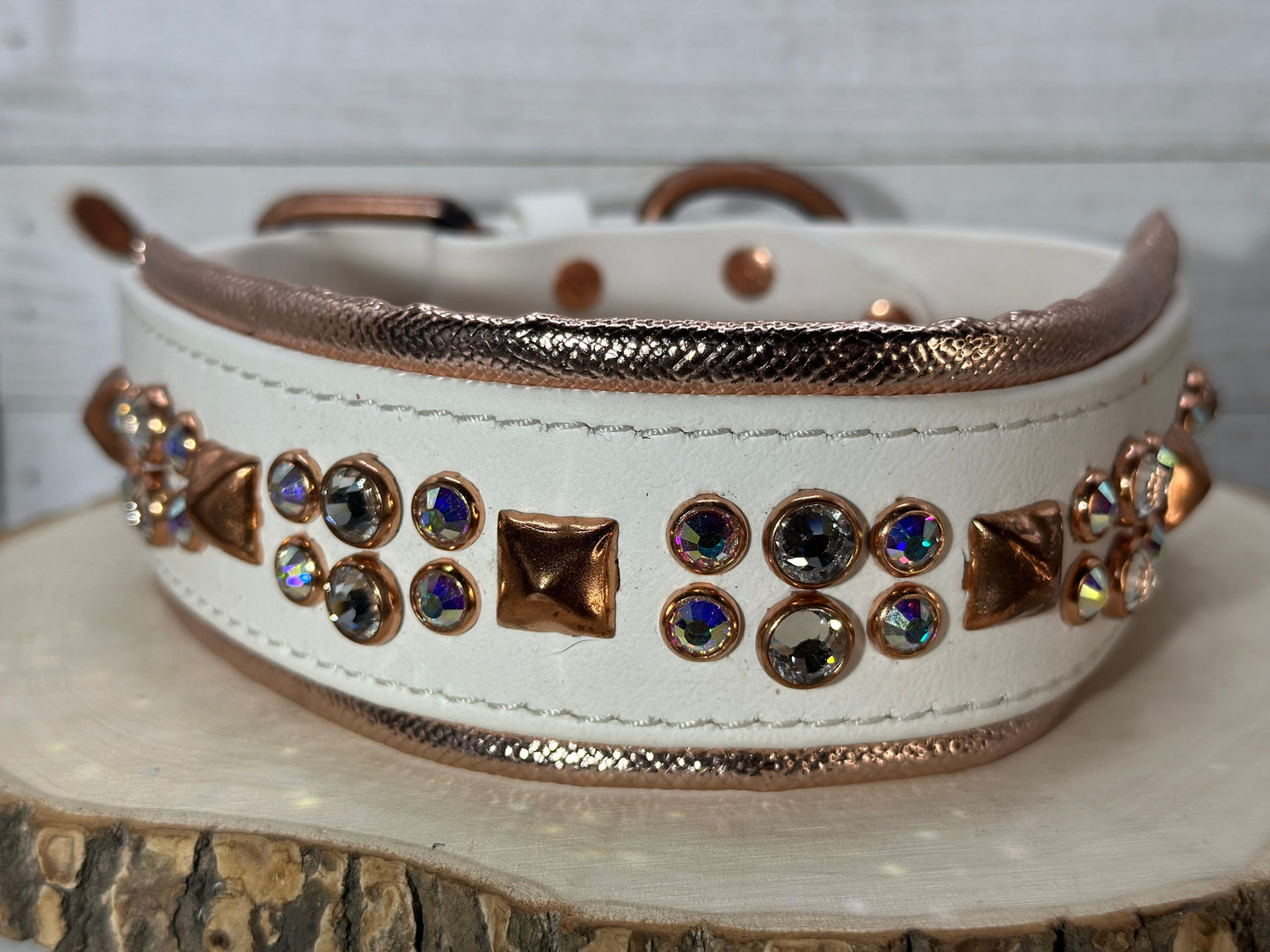 READY TO SHIP!!! 17" - 19" & 2" wide White Rose Gold Vegan Leather Biothane Bling Crystal Luxury Dog Cat Collar