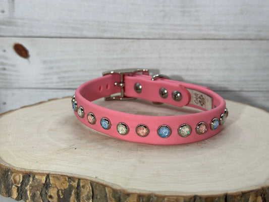 READY TO SHIP!!! 12" - 14" & .75" Wide Pastel Bubblegum Pink Crystal Dog Cat Biothane Vegan Leather CoVA Collar