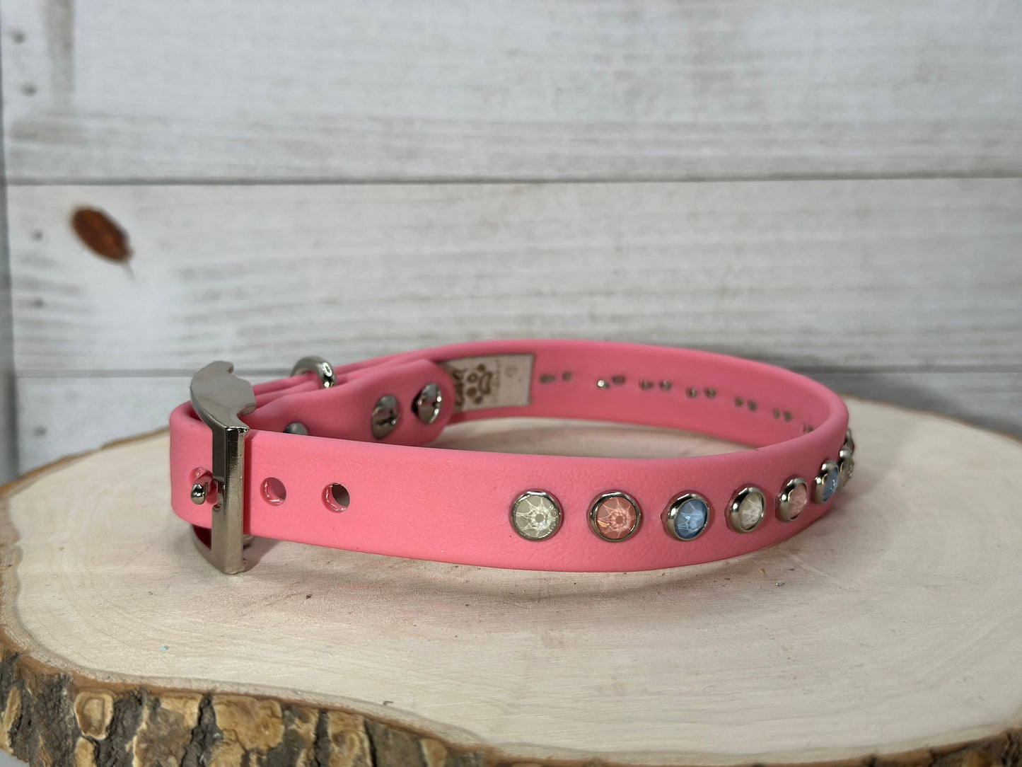 READY TO SHIP!!! 12" - 14" & .75" Wide Pastel Bubblegum Pink Crystal Dog Cat Biothane Vegan Leather CoVA Collar