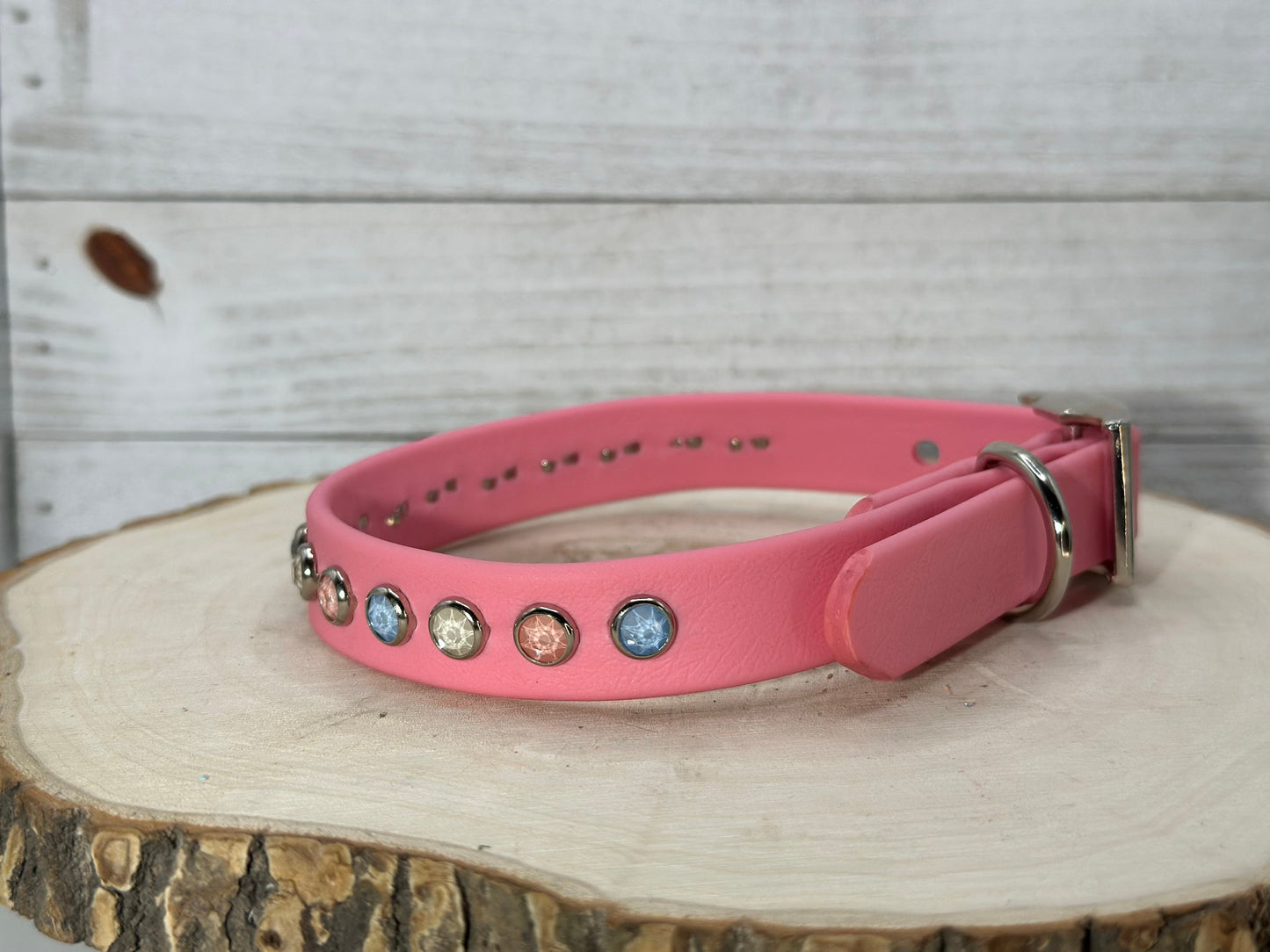 READY TO SHIP!!! 12" - 14" & .75" Wide Pastel Bubblegum Pink Crystal Dog Cat Biothane Vegan Leather CoVA Collar