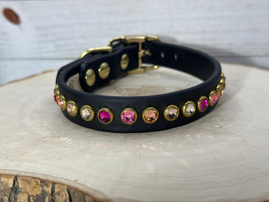 READY TO SHIP!!! 11" - 13" & .75" W Black Pink Ombre Biothane Glowing Crystal Luxury Dog Cat CoVA Collar