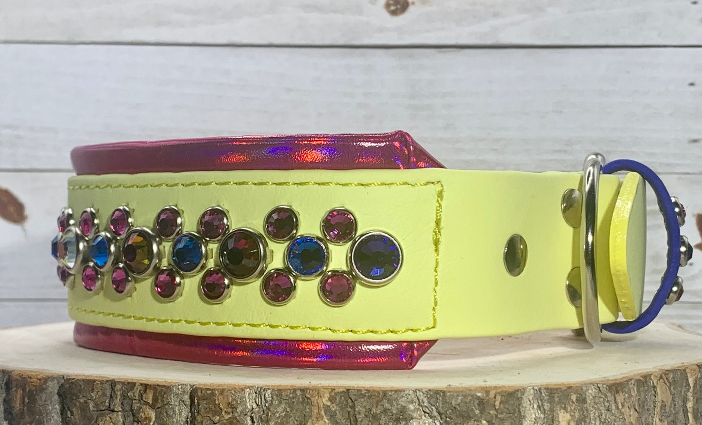 New Color Release - Pastel Yellow READY TO SHIP! 15" - 17" & 1.5" W Volcano Fuchsia Vegan Leather Biothane Crystal Luxury Dog Cat Collar