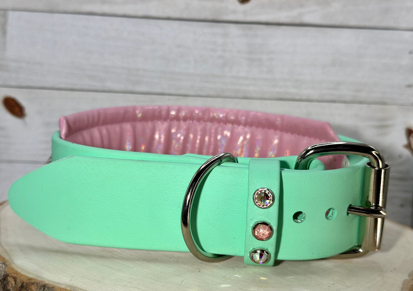 READY TO SHIP!!! 16" - 18" 2"W Seafoam Mint Pink Bling Crystals Luxury Vegan Biothane Leather Dog Collar