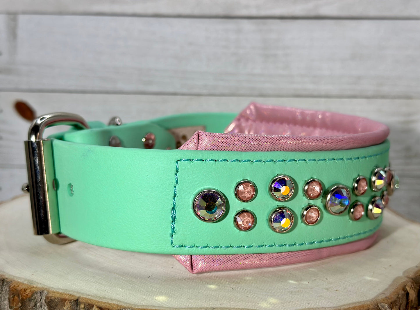 READY TO SHIP!!! 16" - 18" 2"W Seafoam Mint Pink Bling Crystals Luxury Vegan Biothane Leather Dog Collar