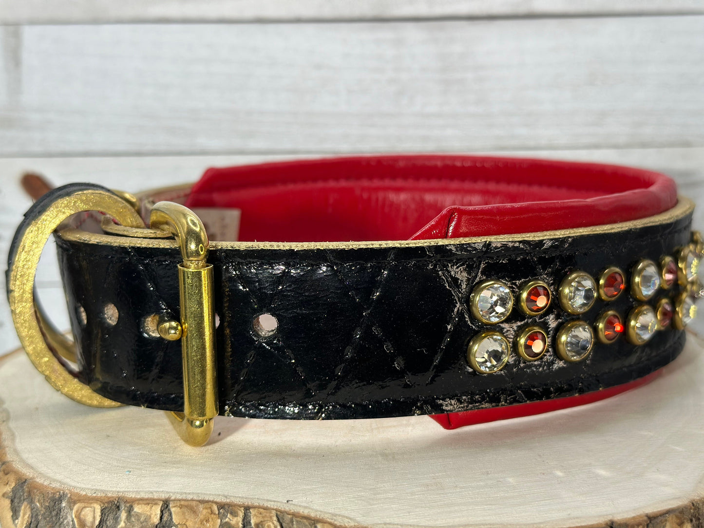 READY to SHIP!!! PREMIUM Italian 19"-21" & 2" Wide Luxury Patent Dog Cat Leather Red Black Gold Black Crystal CoVA Collar