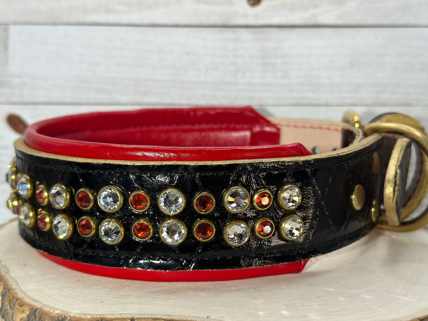 READY to SHIP!!! PREMIUM Italian 19"-21" & 2" Wide Luxury Patent Dog Cat Leather Red Black Gold Black Crystal CoVA Collar