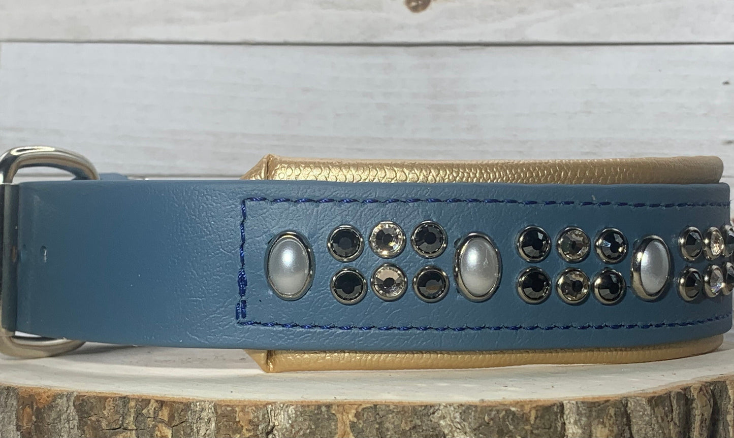 New Color Release - Petrol Blue READY TO SHIP! 17.5" - 19.5" & 2"W Gold Pearl Vegan Leather Biothane Crystal Luxury Dog Cat Collar