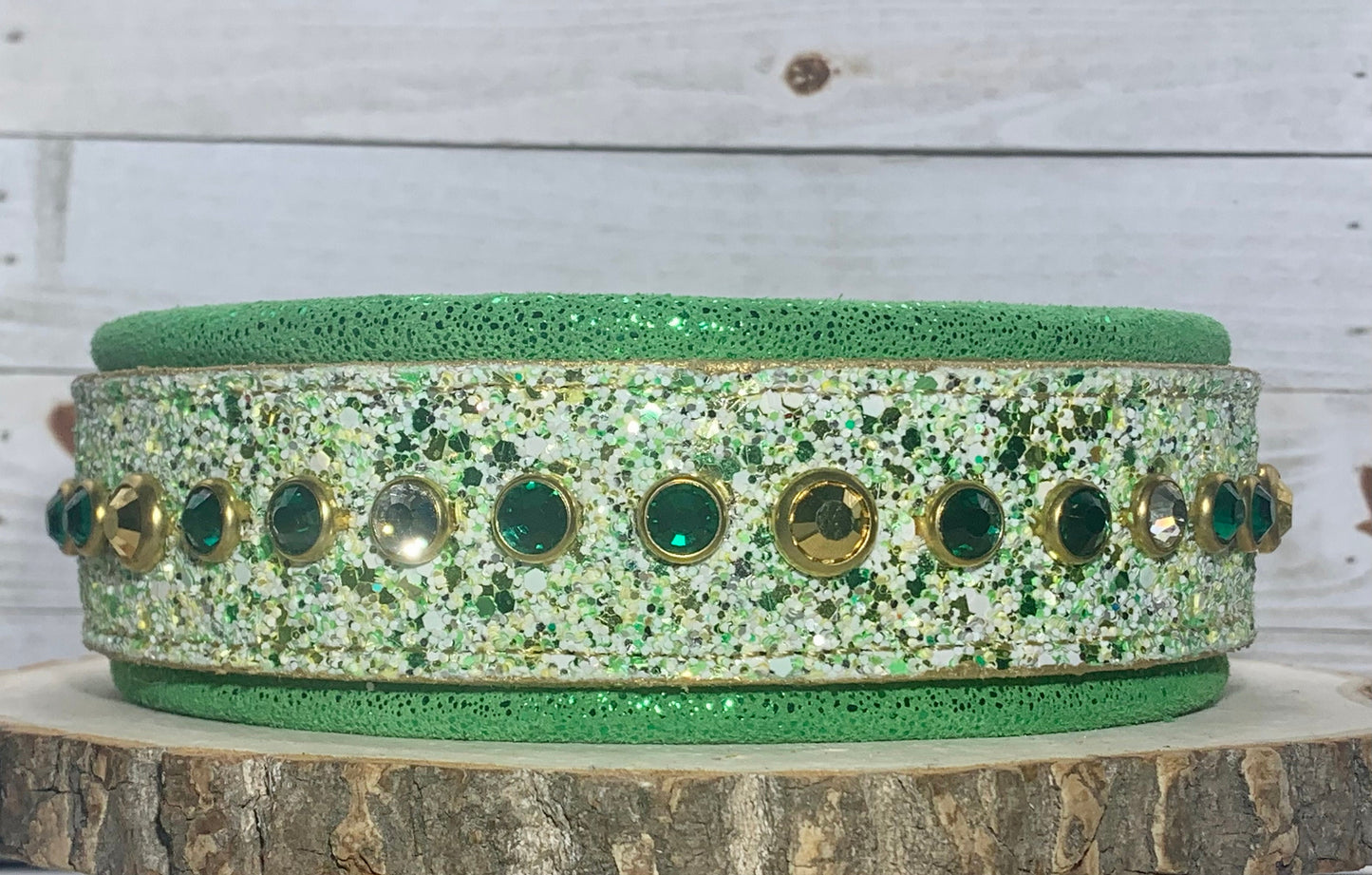 READY TO SHIP! 20.5" - 22.5" Chunky Glitter Green Gold White Bling Crystals Luxury Leather Dog CoVA Collar