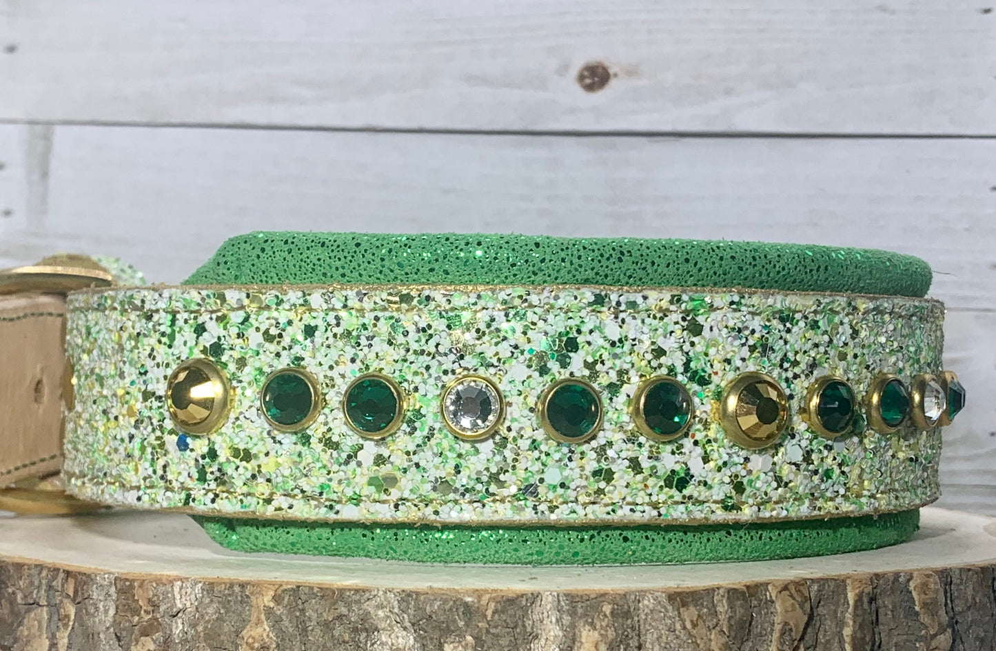 READY TO SHIP! 20.5" - 22.5" Chunky Glitter Green Gold White Bling Crystals Luxury Leather Dog CoVA Collar