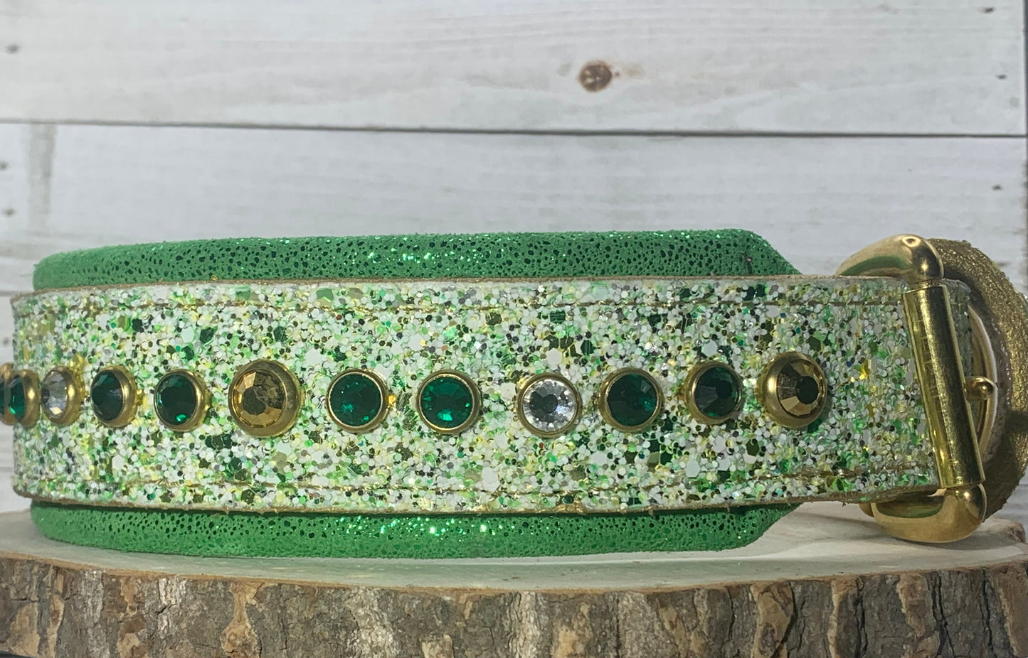 READY TO SHIP! 20.5" - 22.5" Chunky Glitter Green Gold White Bling Crystals Luxury Leather Dog CoVA Collar