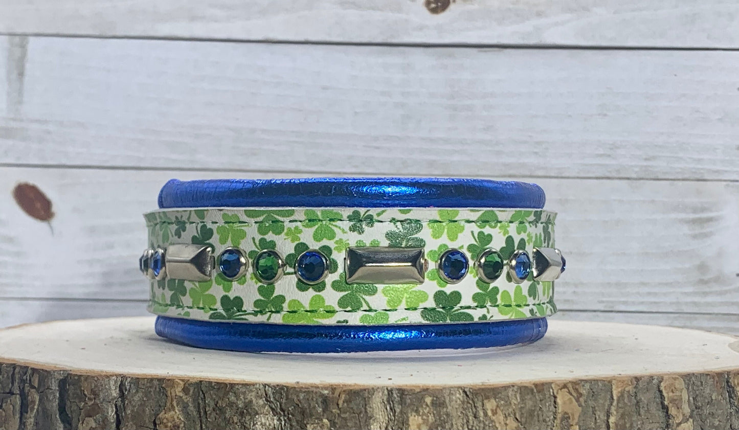 READY TO SHIP! 11.75" - 13.75" Shamrock Lucky Green Blue Silver White Bling Crystals Luxury Leather Dog CoVA Collar