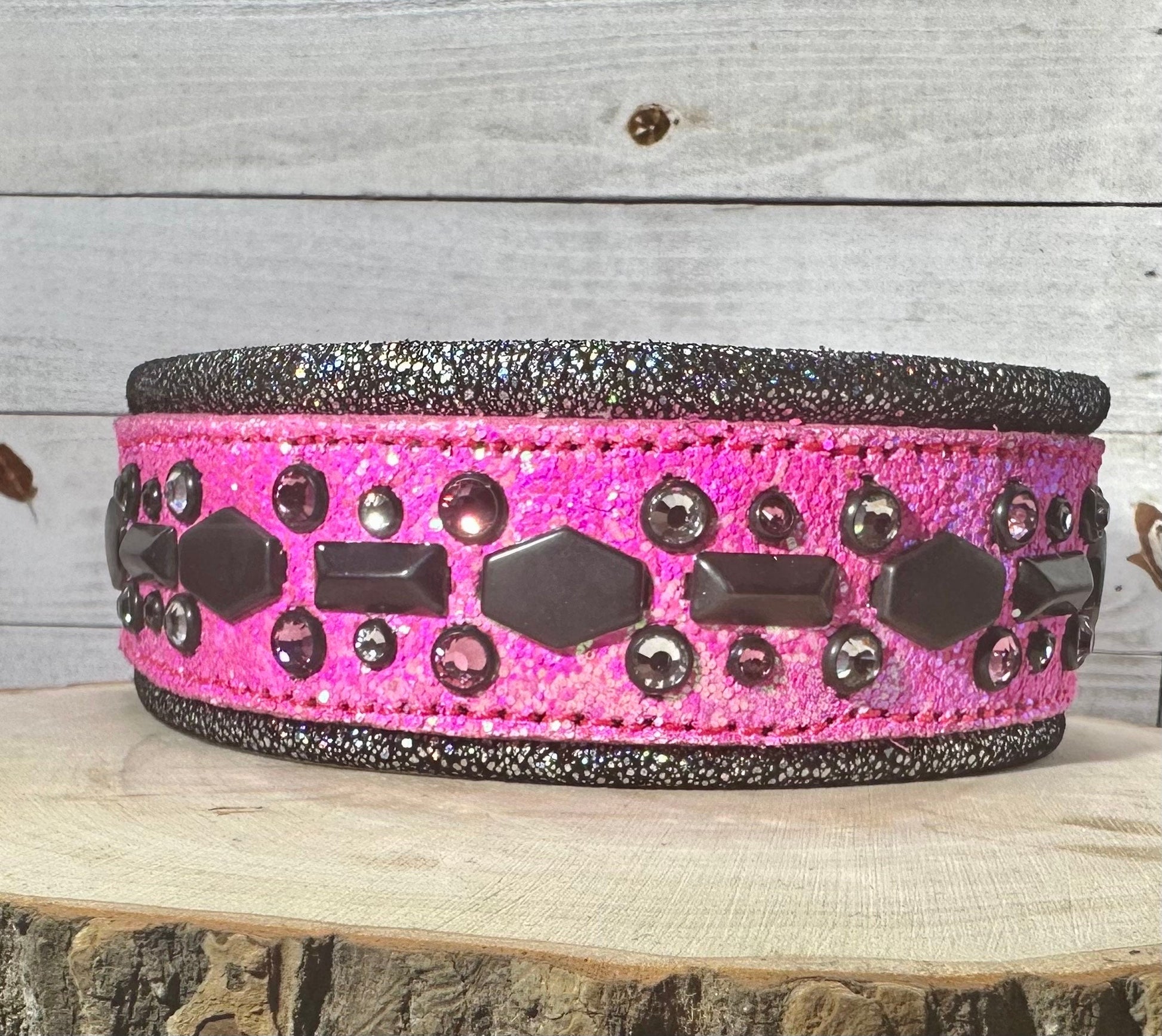 QUICK SHIP!!! 16-18" & 2" Wide Barbie Pink Glitter Black Sparkle Luxury Dog Cat Leather Crystal CoVA Collar - The CoVA Collection