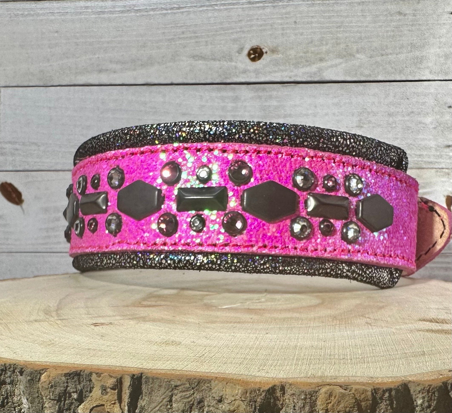QUICK SHIP!!! 16-18" & 2" Wide Barbie Pink Glitter Black Sparkle Luxury Dog Cat Leather Crystal CoVA Collar - The CoVA Collection
