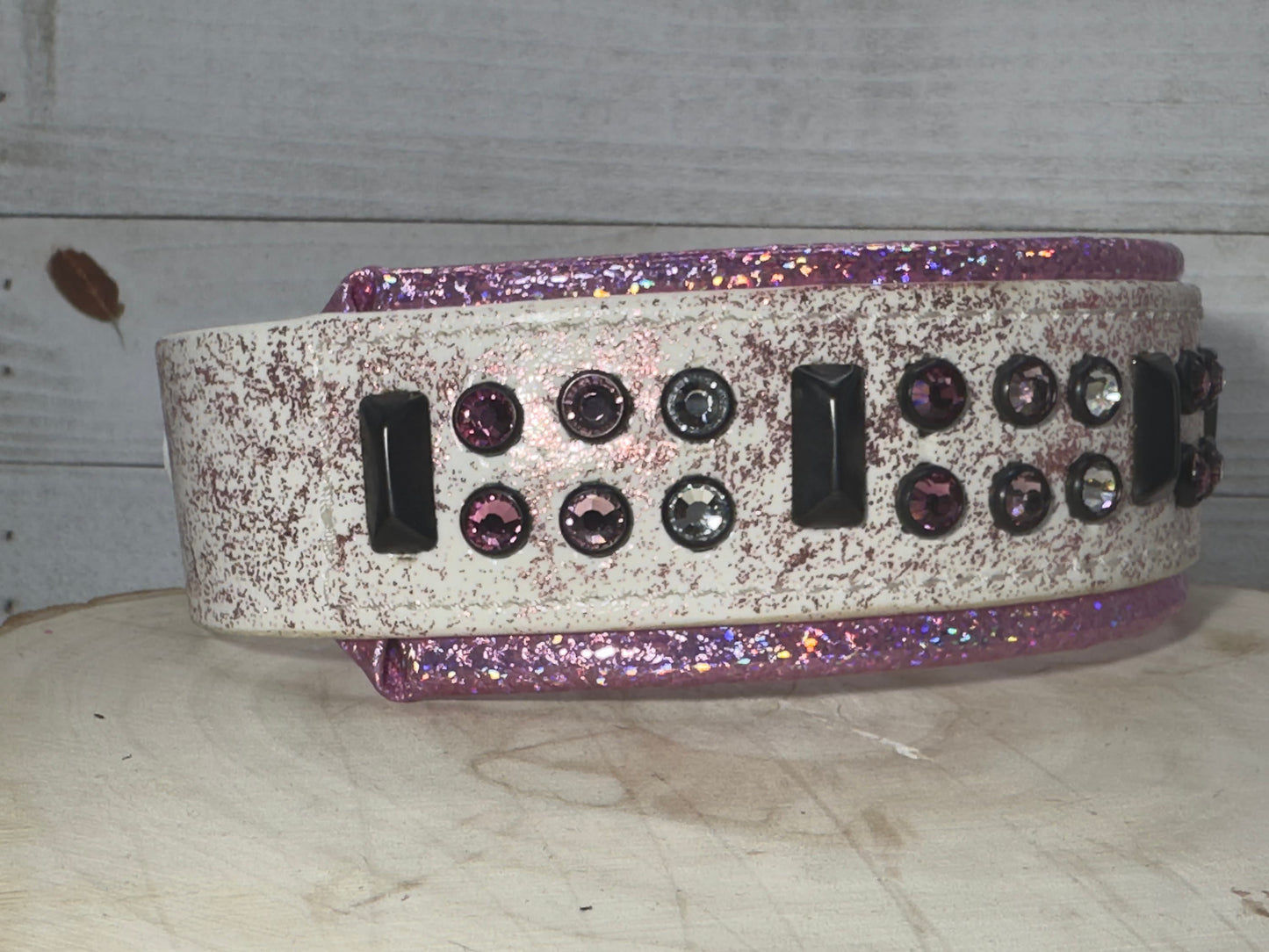 QUICK SHIP!!! 15"-17" & 2" Wide Luxury Dog Cat Vegan Leather Glitter Biothane White Pink Black CoVA Bling Crystal CoVA Collar