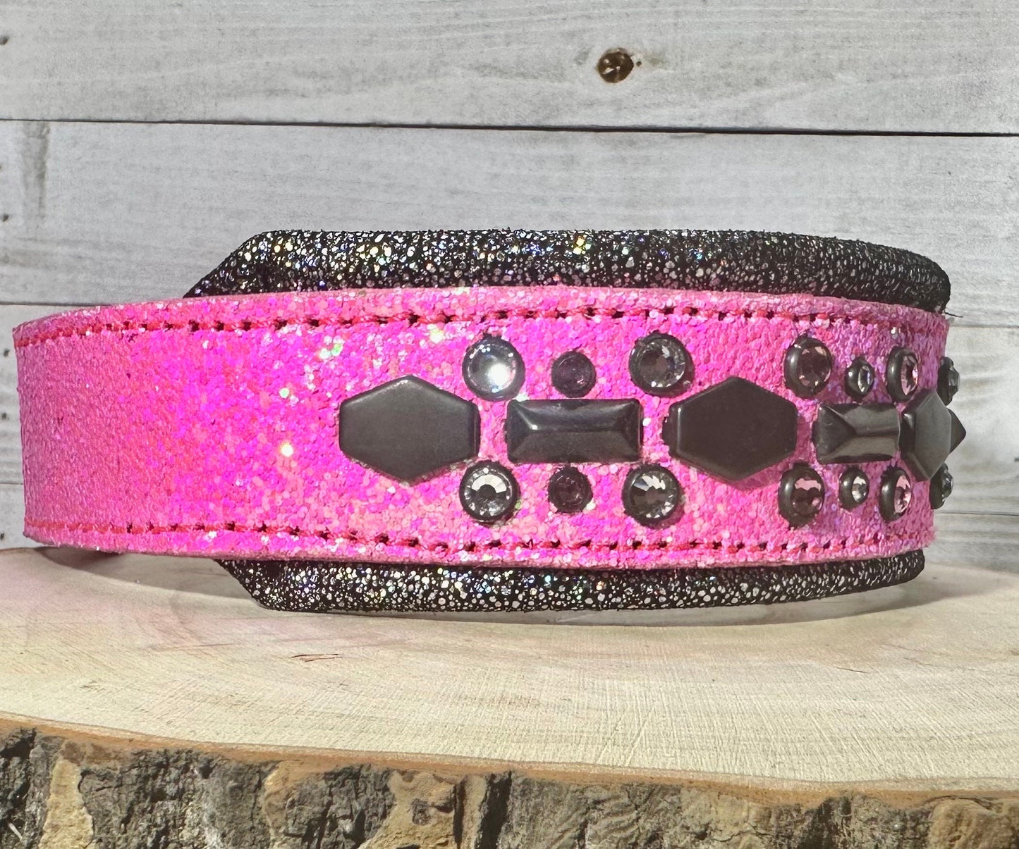 QUICK SHIP!!! 16-18" & 2" Wide Barbie Pink Glitter Black Sparkle Luxury Dog Cat Leather Crystal CoVA Collar - The CoVA Collection