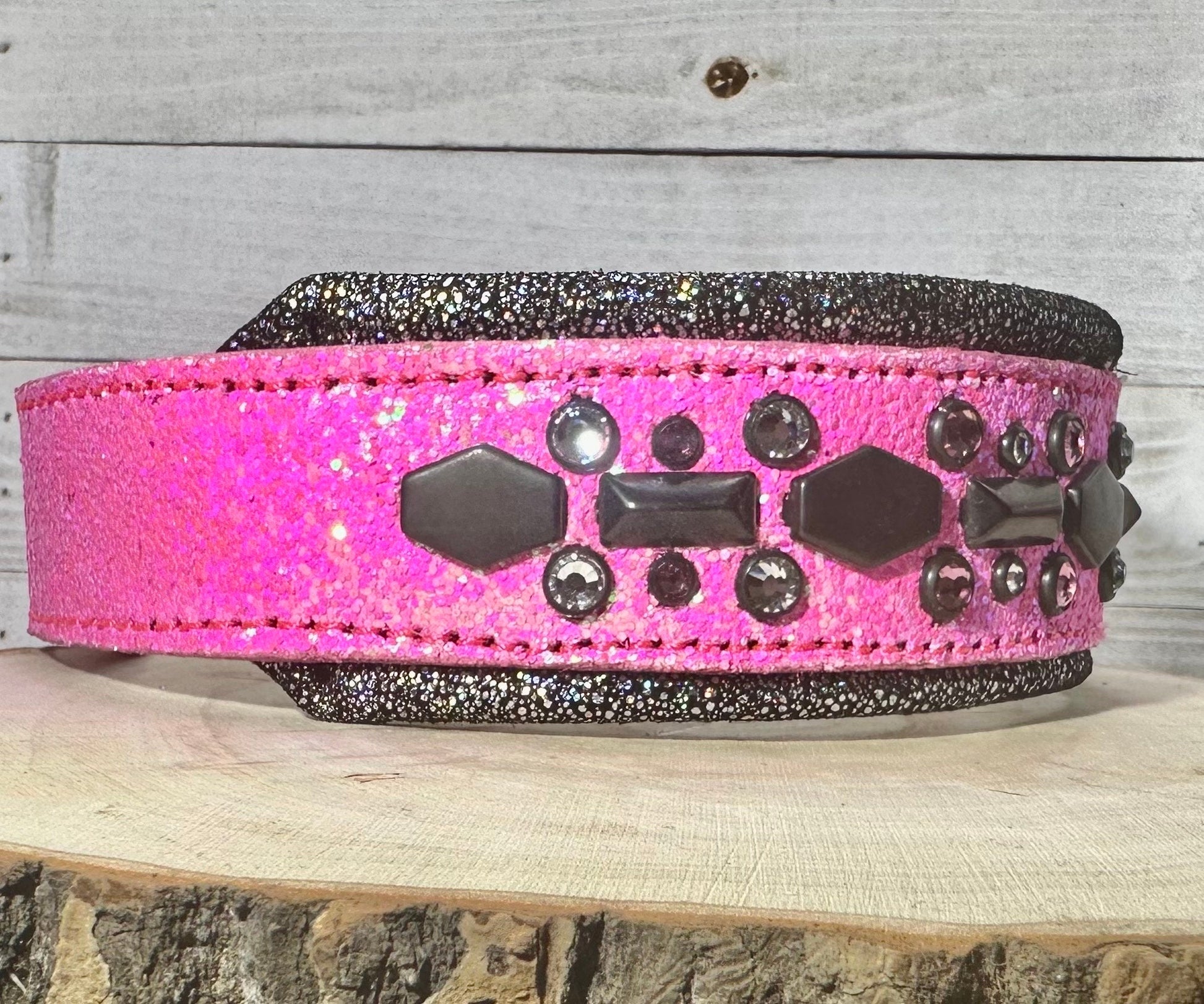 QUICK SHIP!!! 16-18" & 2" Wide Barbie Pink Glitter Black Sparkle Luxury Dog Cat Leather Crystal CoVA Collar - The CoVA Collection