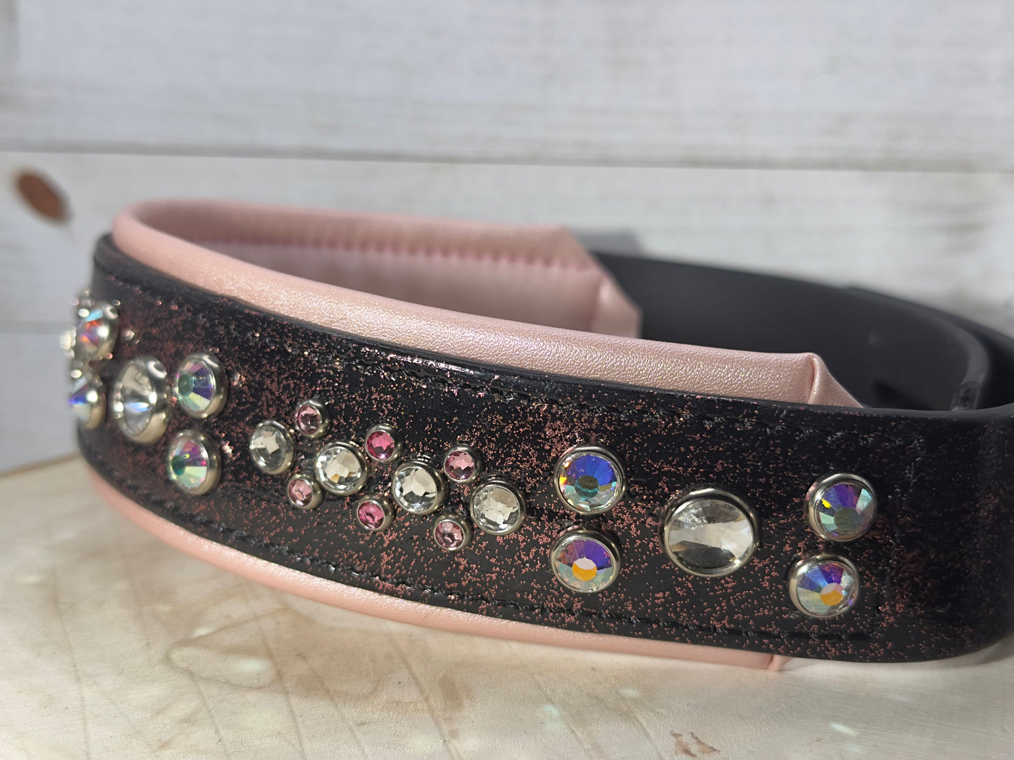 QUICK SHIP!!! 17.5" - 19.5" & 2"W Barbie Glitter Pink Black Vegan Leather Biothane Crystal Luxury Dog Cat CoVA Collar